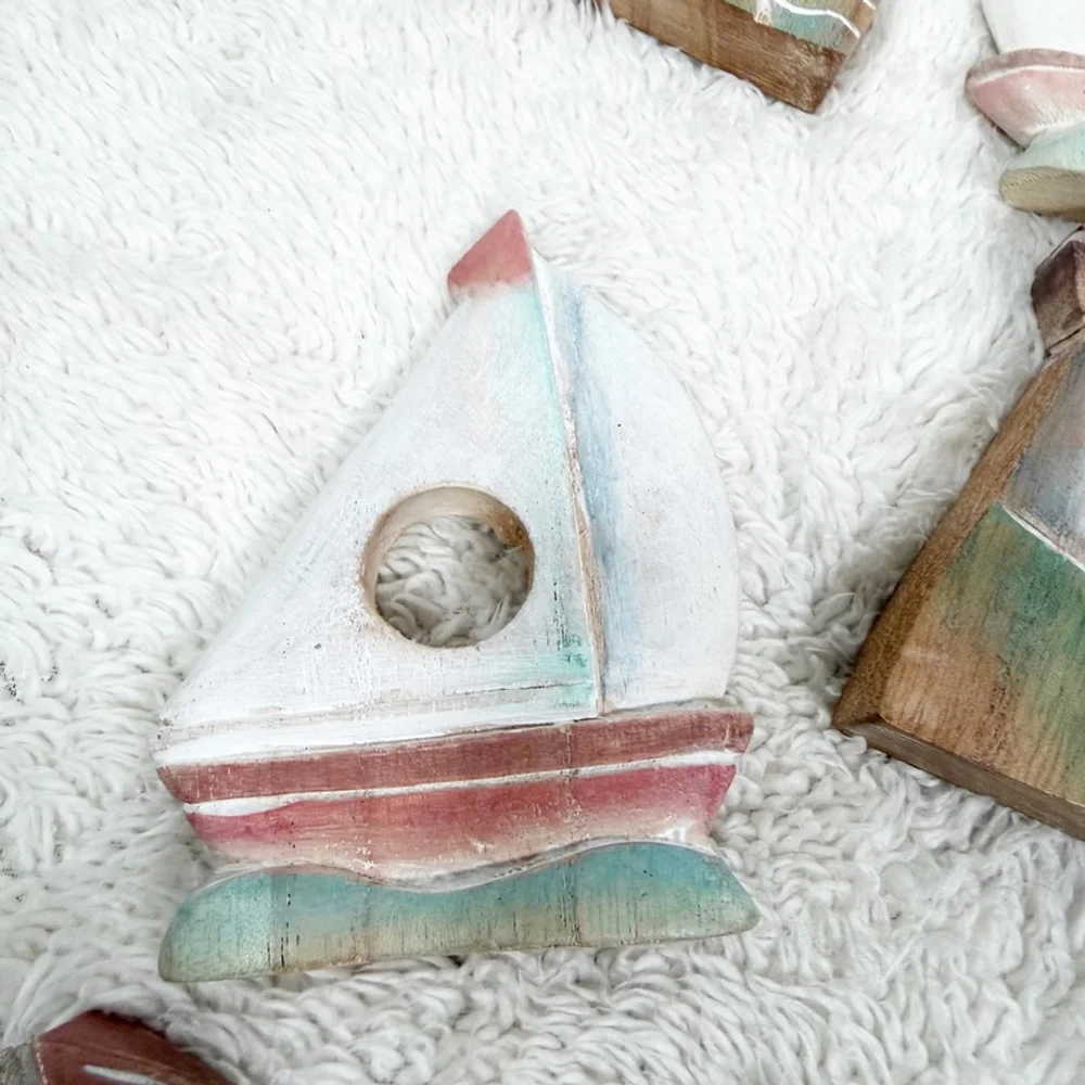 Cottage Nautical 8 Wooden Napkin Rings Sailboat Lighthouse Beach Table Decor